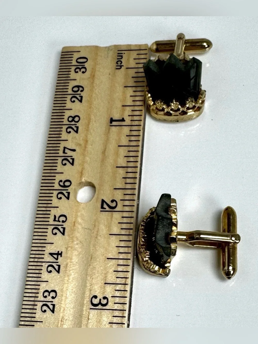 Vintage Crown Shaped Gold & Black Stone Cufflinks Bullet Back Fashion #1542